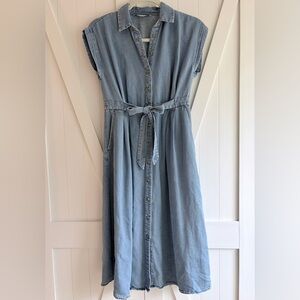 LOFT Chambray Button Front Tie Waist Midi Dress